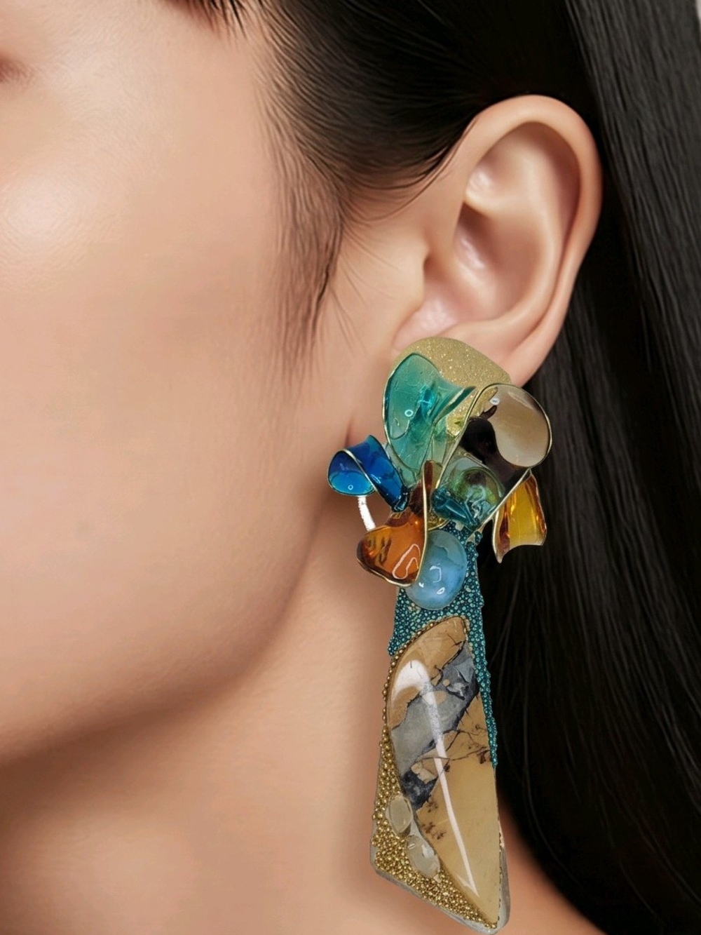 Artisan Multicolor Drop Earrings With Malangano Agate